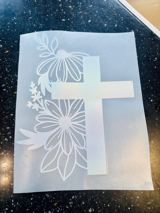 READY TO SHIP Cross with Flowers Vinyl Decal